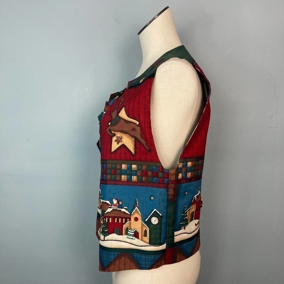 Handmade Applique Embroidered Christmas Vest Folk Art Santa Reindeer Village M - Picture 4 of 12
